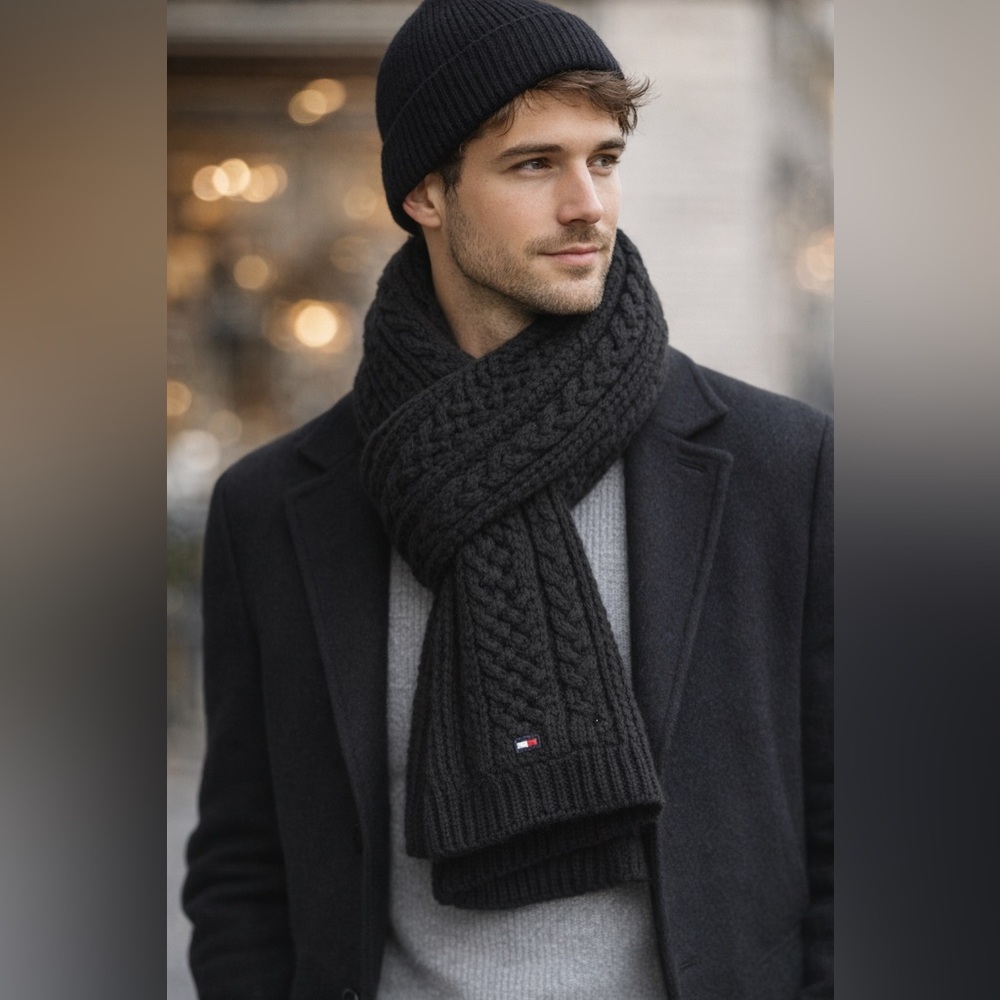 Tommy Hilfiger Black Knit Scarf NWT $98 Retail Cozy Winter Logo Scarf